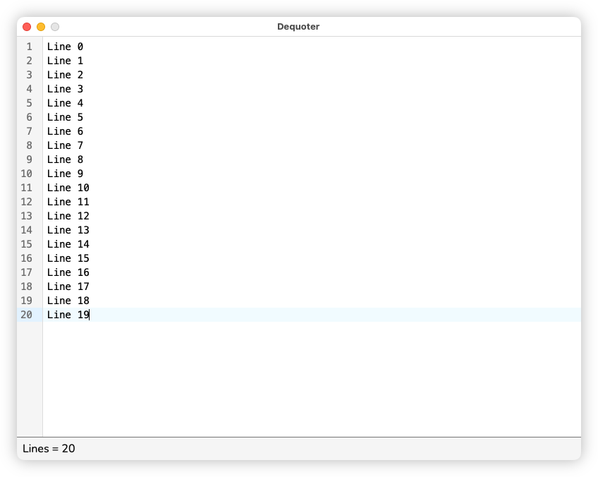Auto-generated description: A computer window titled Dequoter displays a list numbered from 0 to 19.