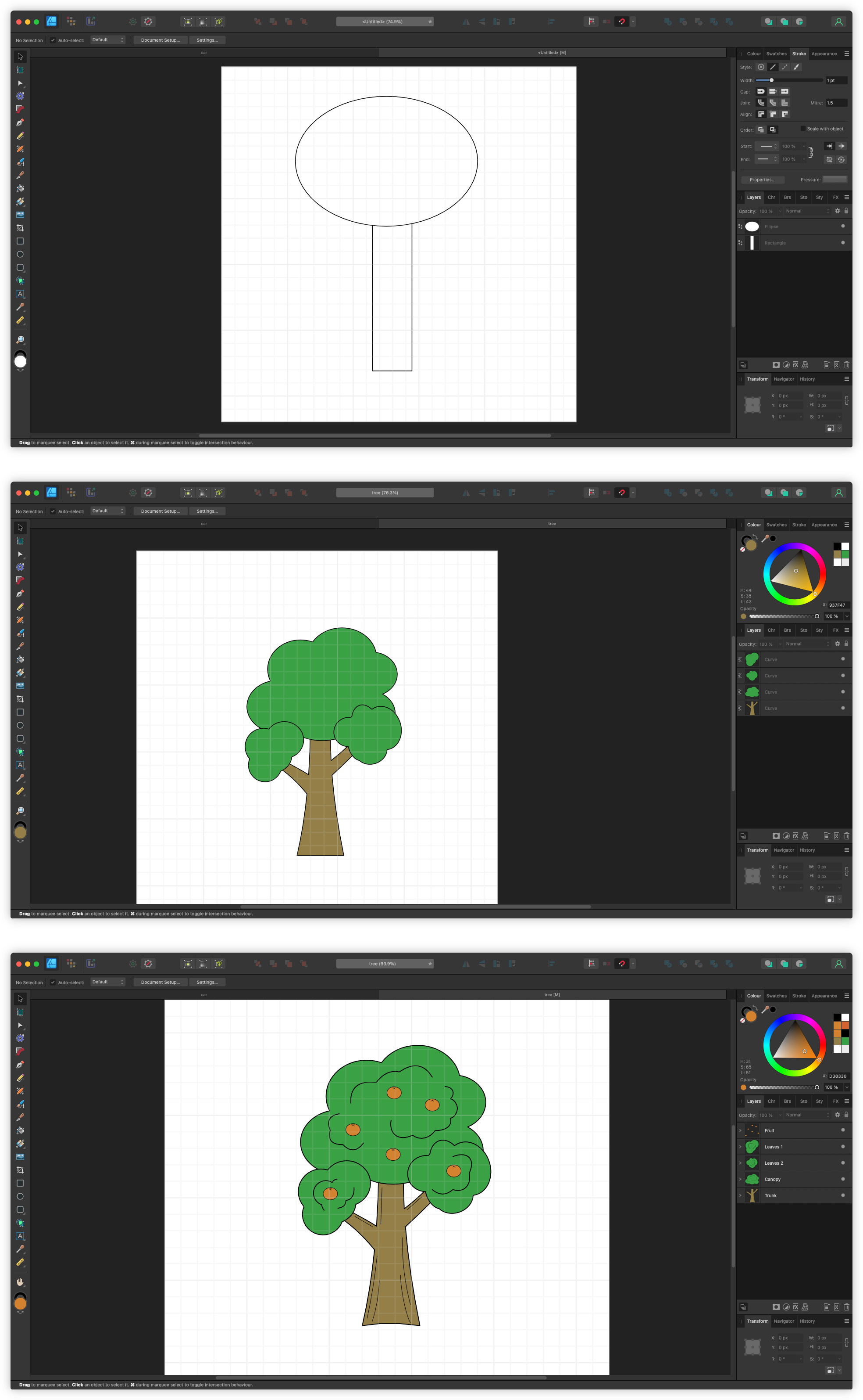 Auto-generated description: A digital illustration displays the progressive creation of a tree design using vector graphics tools, starting with basic shapes and evolving into a detailed tree with fruits or blossoms.