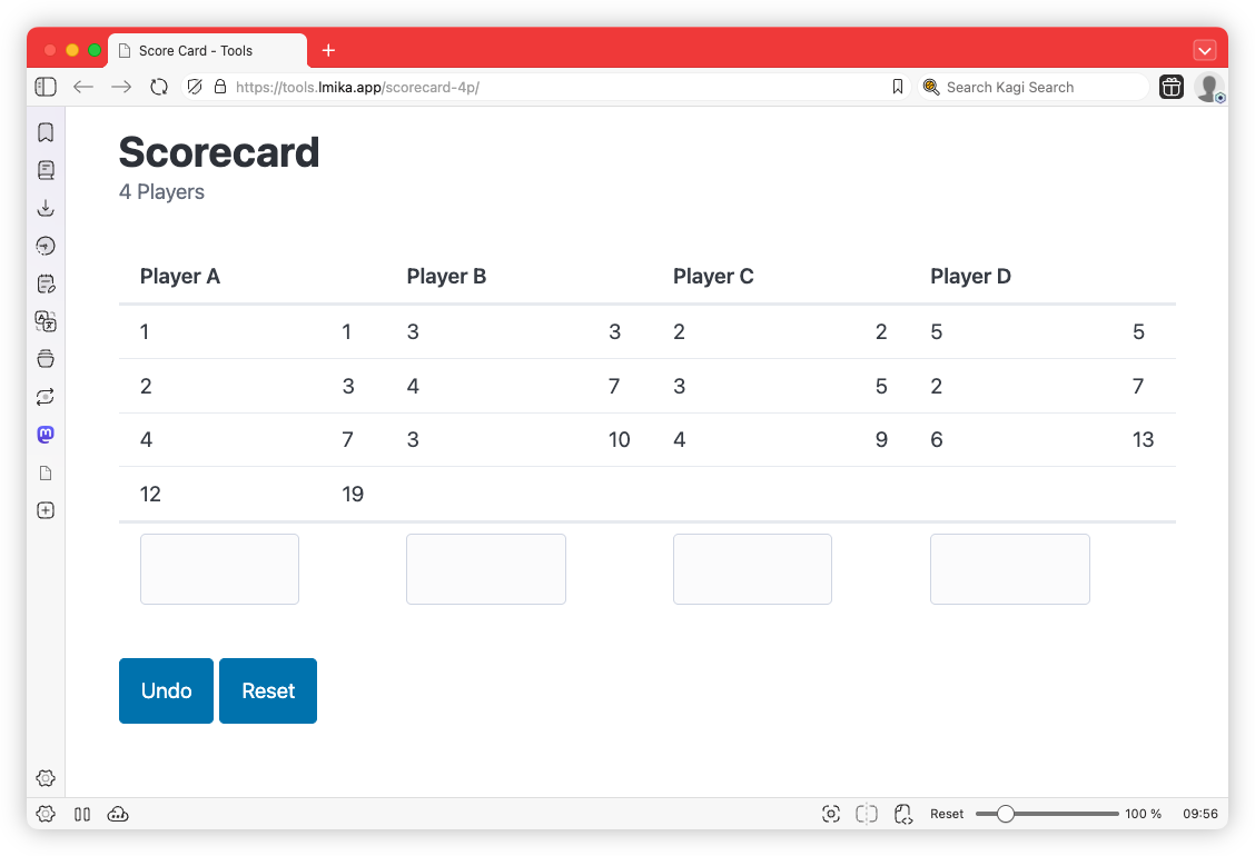 Auto-generated description: A scorecard interface displays scores for four players over nine rounds, with options to undo or reset.