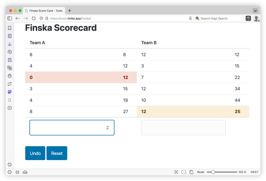 Auto-generated description: A Finska scorecard displaying scores for Team A and Team B, with Team A at 12 points and Team B at 25 points.