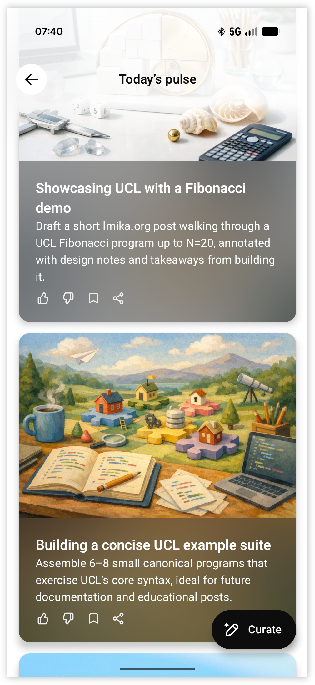 Auto-generated description: A digital interface displays two sections: one describing a Fibonacci demo project and another about assembling a UCL example suite, both accompanied by illustrative images.