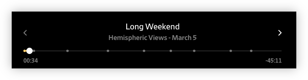 Auto-generated description: A music player interface shows the song Long Weekend by Hemispheric Views being played at 0:34 out of 5:11.