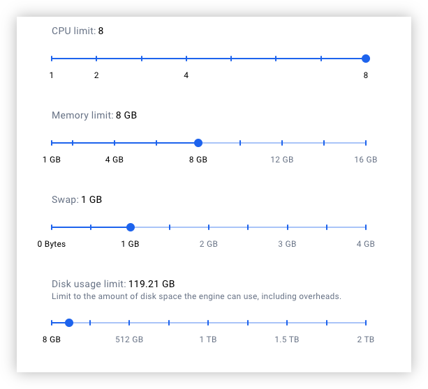 Auto-generated description: It shows a graphical interface with adjustable sliders for setting limits on CPU, memory, swap, and disk usage.