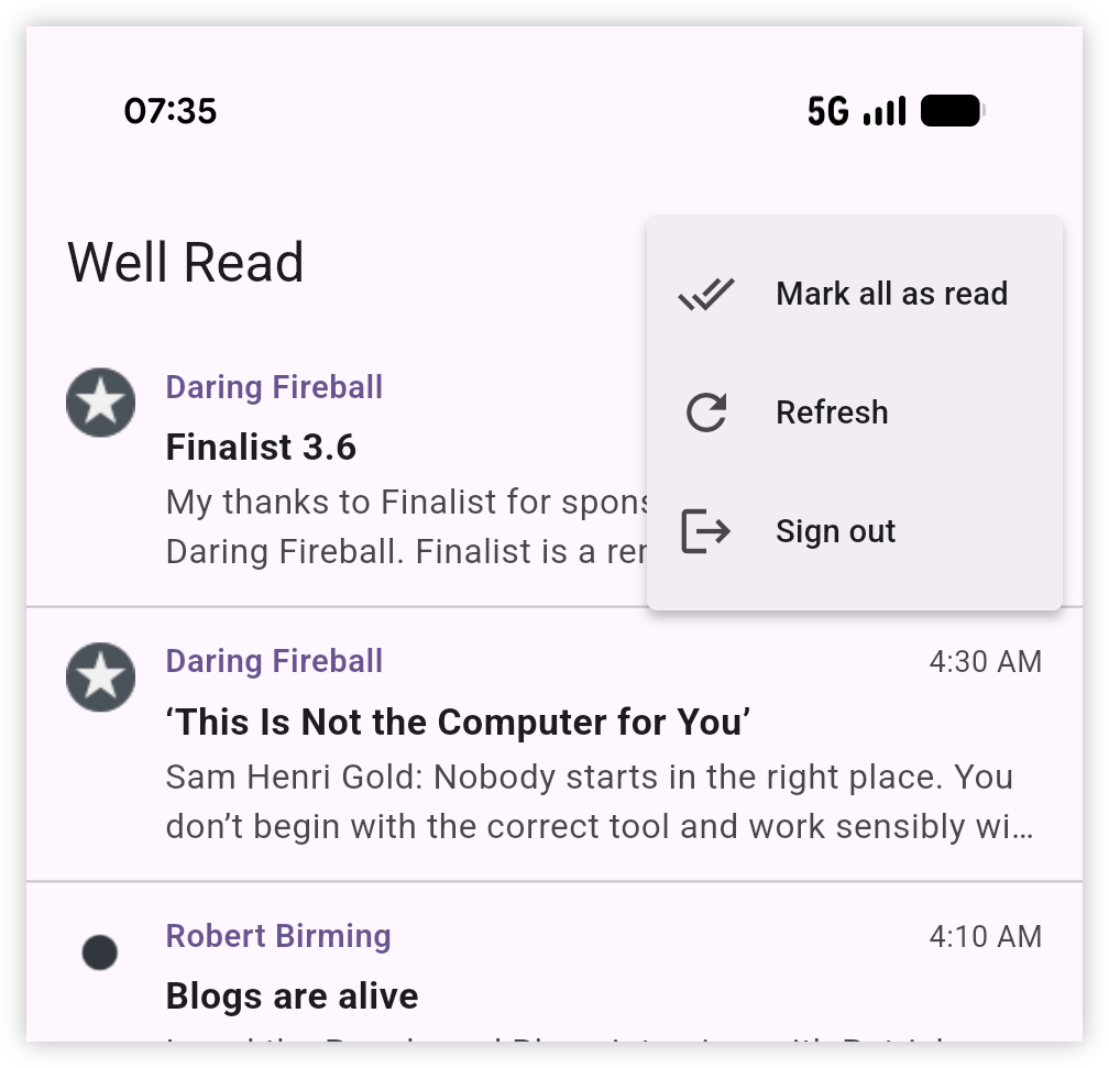 Auto-generated description: A mobile email app interface displays messages from Daring Fireball and Robert Birming, alongside a menu with options to mark all as read, refresh, and sign out.