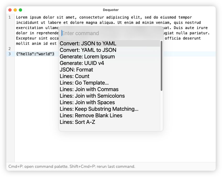 Auto-generated description: A software interface displays a dropdown menu with options for converting and formatting text, alongside a text area containing placeholder text and a JSON snippet.