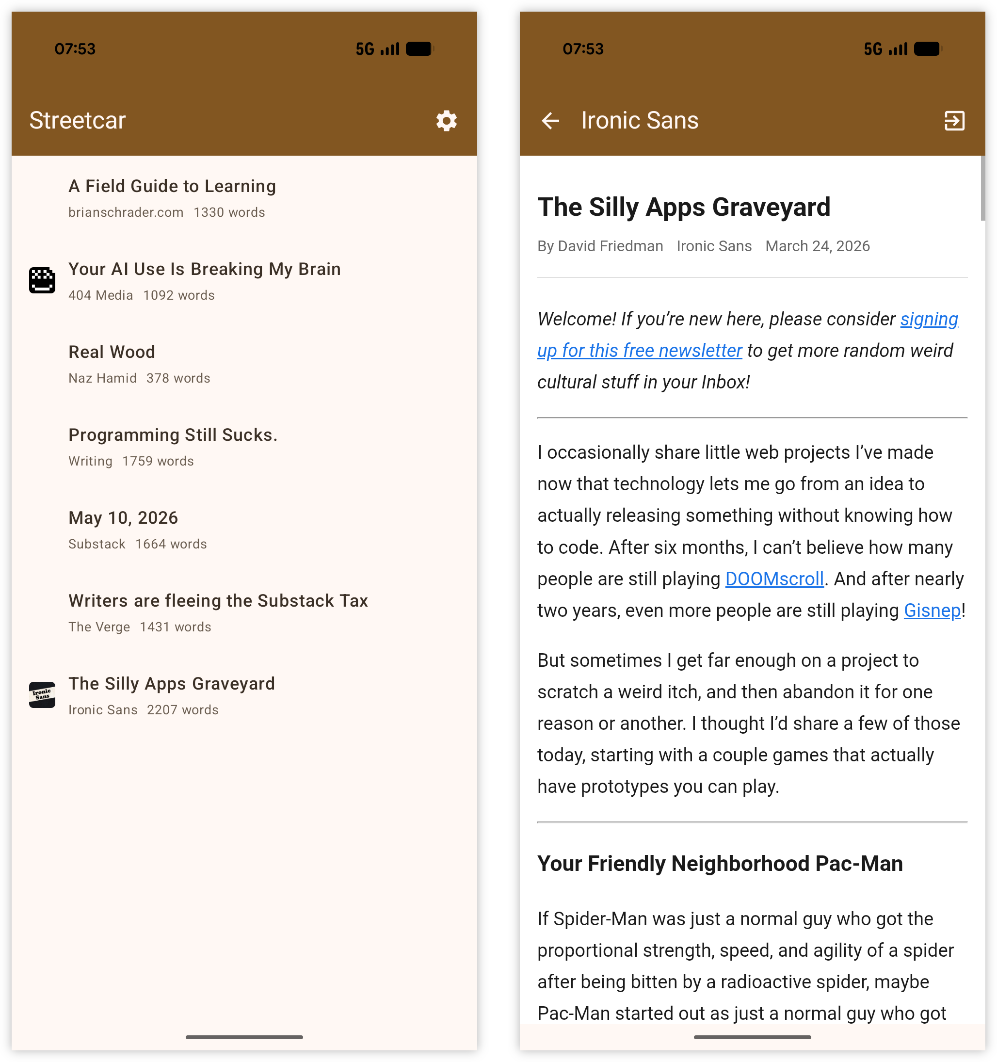 Auto-generated description: Two mobile app screens display lists of article titles and detailed blog content, featuring topics like A Field Guide to Learning and The Silly Apps Graveyard.