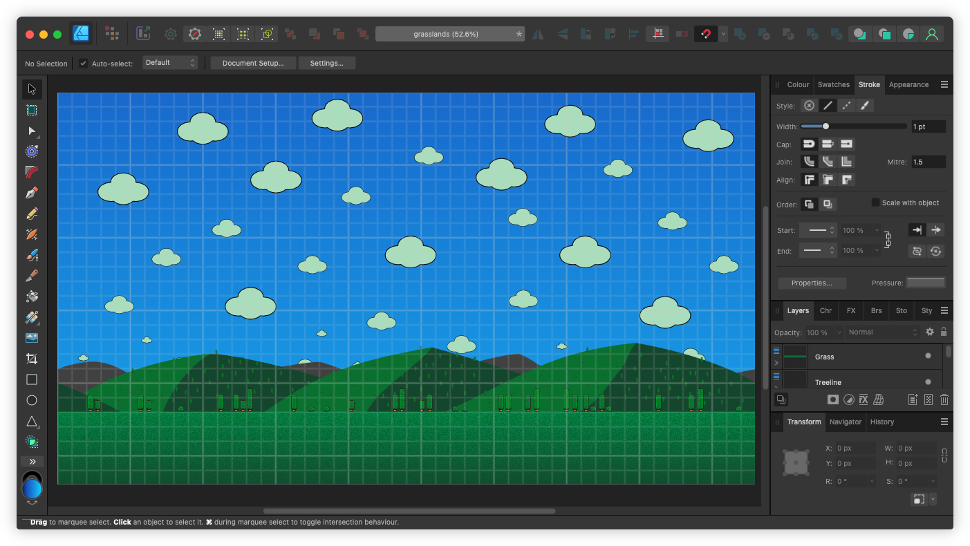 Auto-generated description: A graphic design interface displays a pixel art landscape with green hills and clouds against a blue sky.