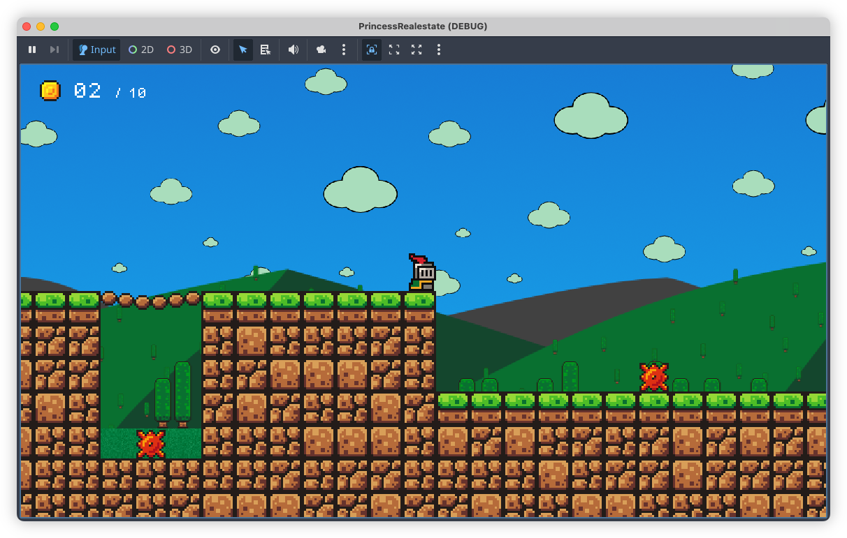 Auto-generated description: A pixelated video game screen features a knight character on a grassy platform landscape with a blue sky and clouds.
