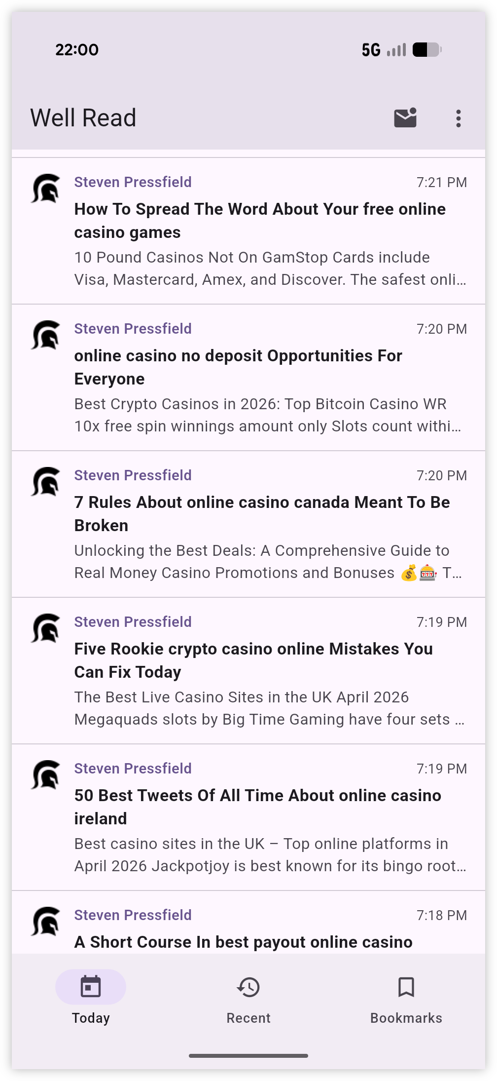 Auto-generated description: A series of notifications from a reading app display various articles about online casinos and crypto casinos.
