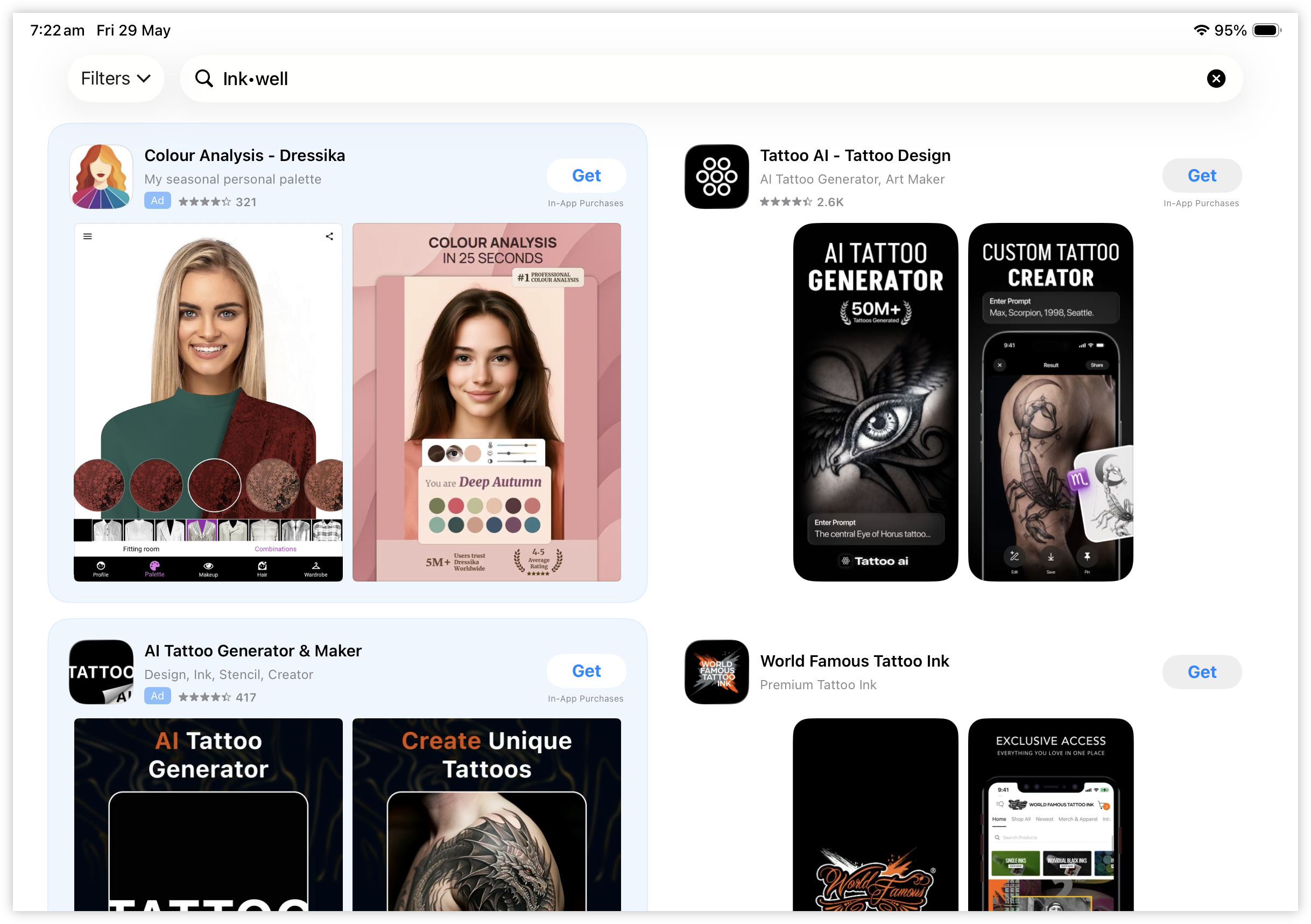 Auto-generated description: Various app advertisements related to color analysis and tattoo design are displayed on a screen.