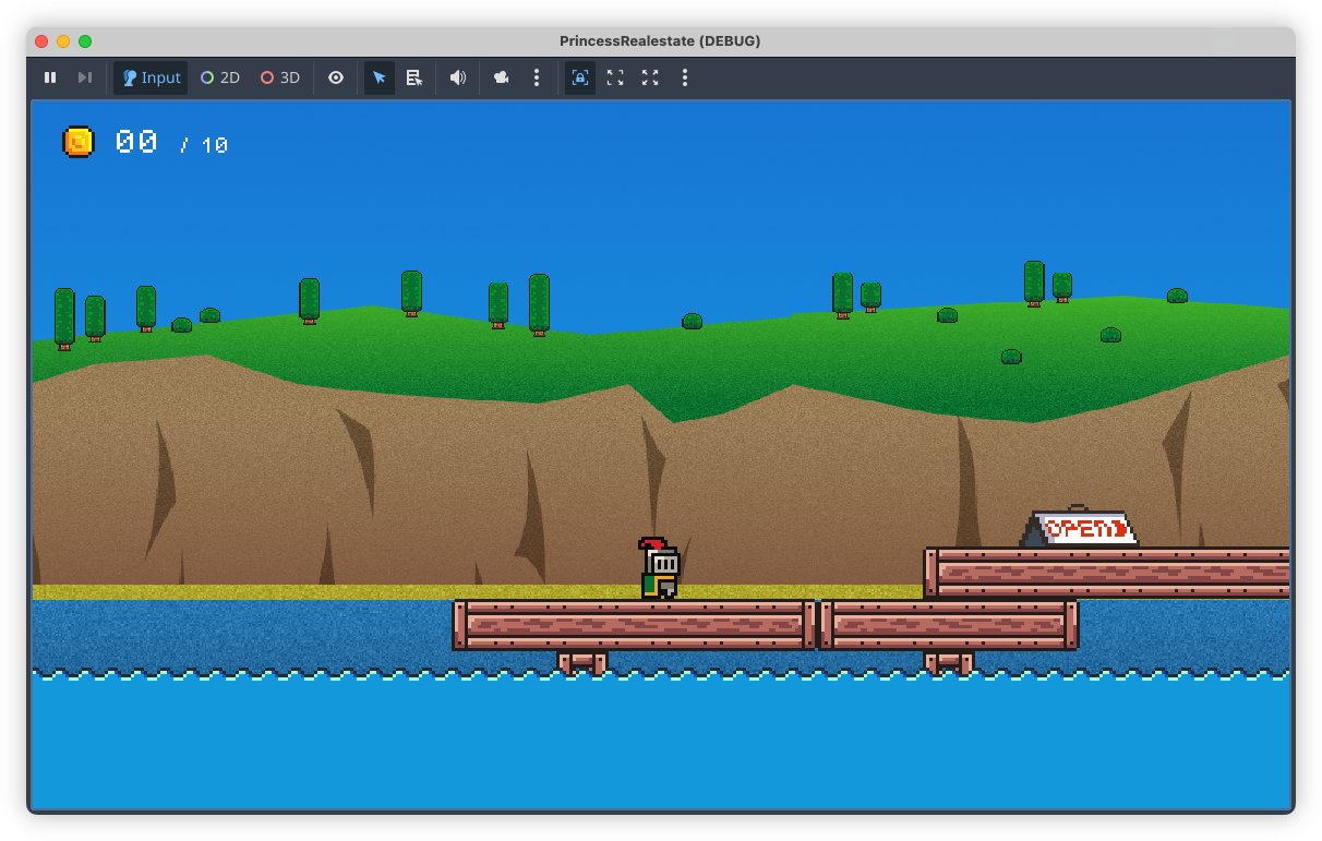 Auto-generated description: A pixel art-style video game scene features a character with a red hat and sword standing on a wooden platform over water, with a background of grassy cliffs and trees.