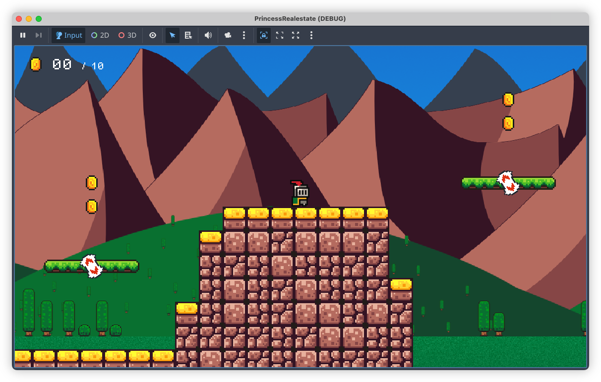 Auto-generated description: A pixelated video game scene features a character standing on a stone platform, surrounded by mountainous terrain, floating platforms with arrows, and collectible coins.