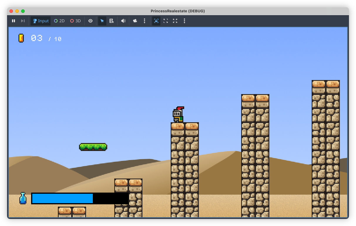 Auto-generated description: A pixelated knight character stands on a stone pillar in a desert-themed platform game.