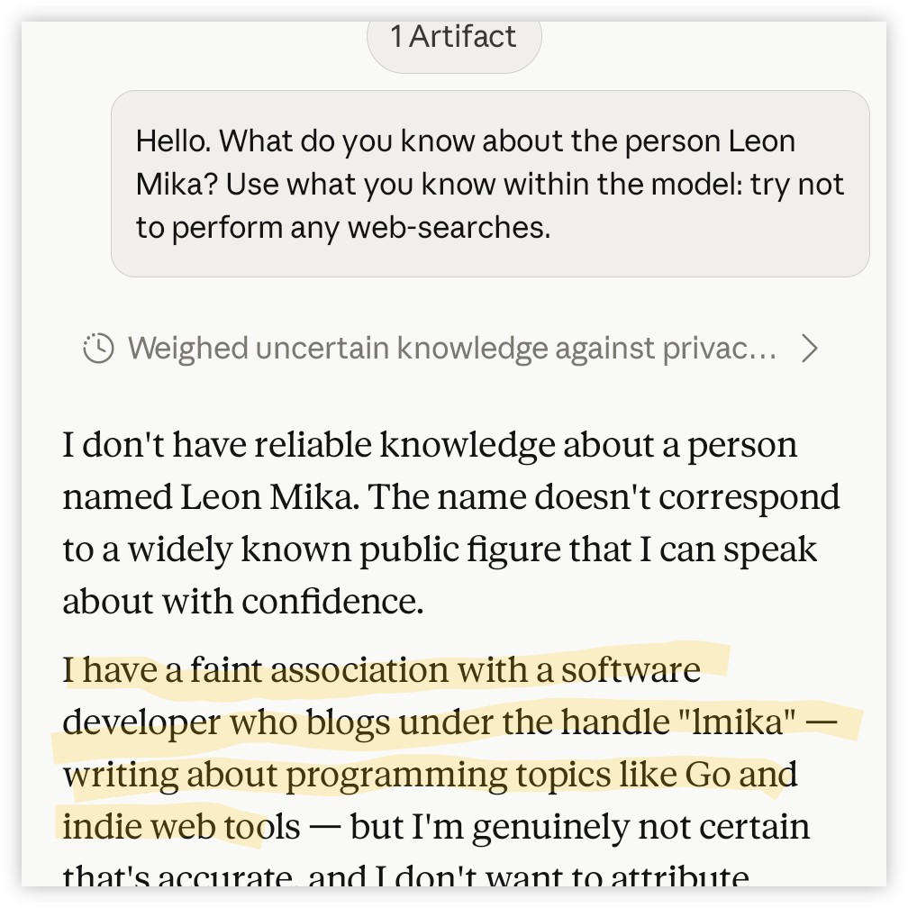Auto-generated description: A screenshot displays a conversation about a person named Leon Mika, mentioning a software developer who blogs about programming topics like Go and indie web tools.