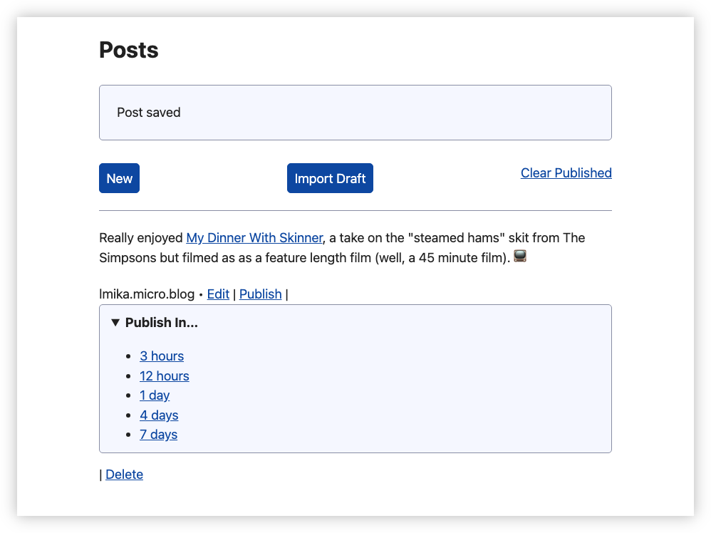 Auto-generated description: A blog post draft interface is shown with options to save, import drafts, publish at various time intervals, and a post mentioning My Dinner With Skinner related to The Simpsons.