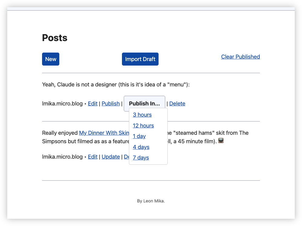 Auto-generated description: A blog post management interface is shown with options to create new posts, import drafts, edit, publish, update, delete posts, and schedule publishing times.