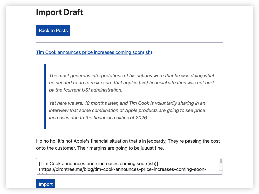Auto-generated description: A draft blog post discussing Tim Cook's announcement about upcoming price increases on Apple products, including a critical commentary on Apple's financial strategy.