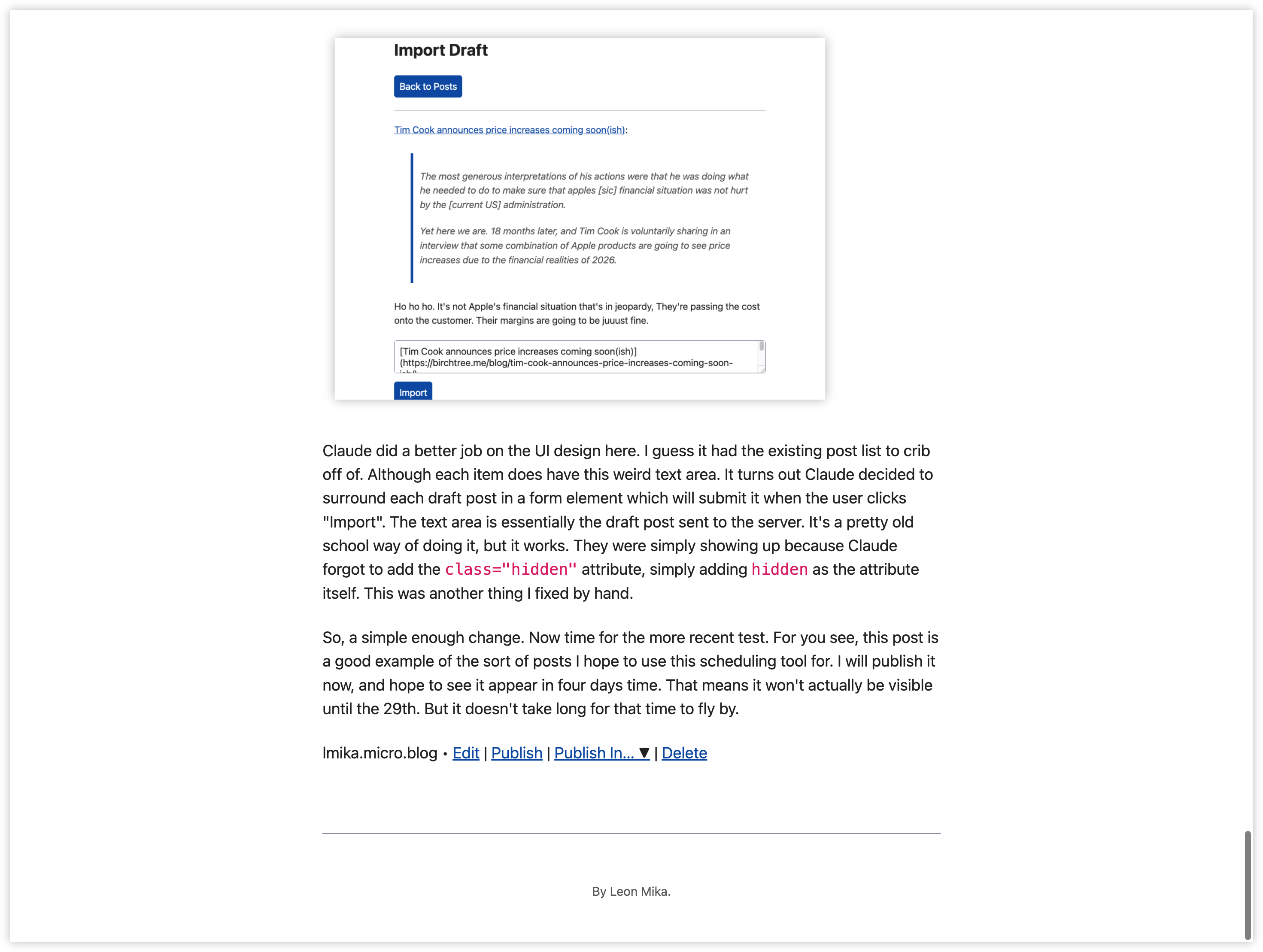 Auto-generated description: A webpage displays a blog post editor with a draft import section and an explanation of changes made to the UI design and post scheduling functionality.
