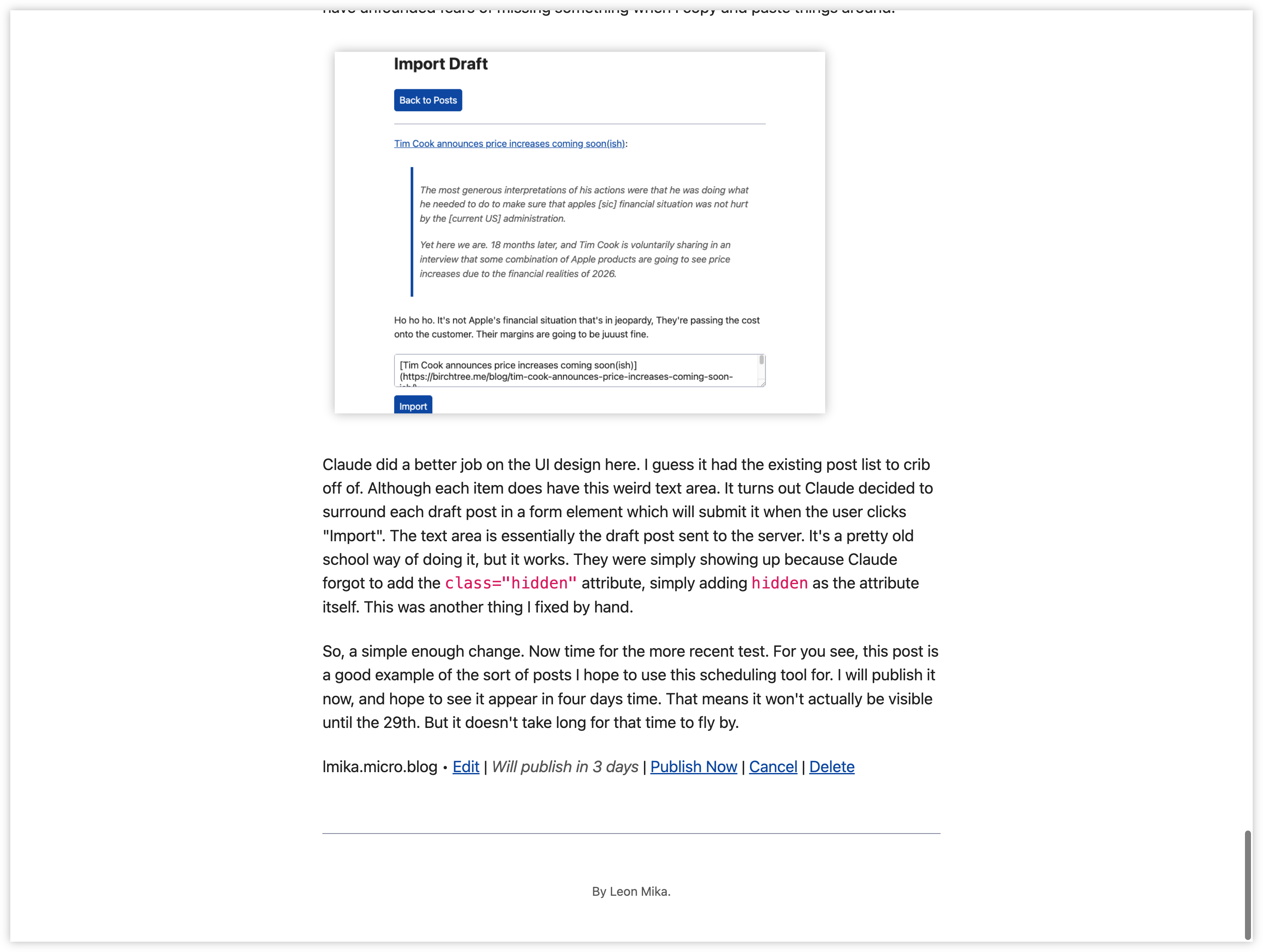 Auto-generated description: A blog post discussing improvements made to the UI design for importing draft posts, explaining the use of hidden classes in HTML and a new publishing schedule feature.