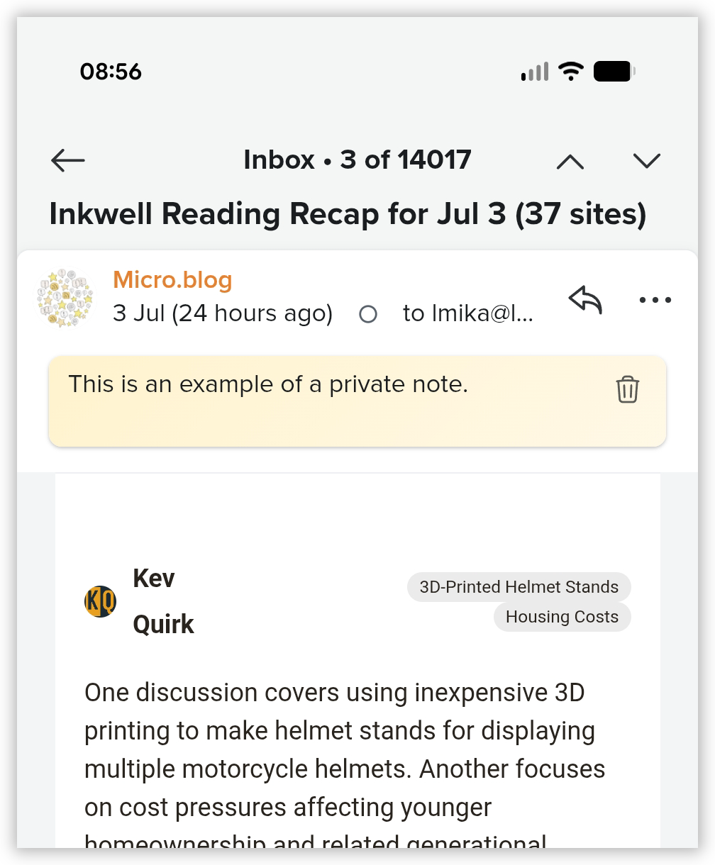 Auto-generated description: An email titled Inkwell Reading Recap for Jul 3 from Micro.blog summarizes a discussion about using affordable 3D printing to create helmet stands and housing cost challenges.