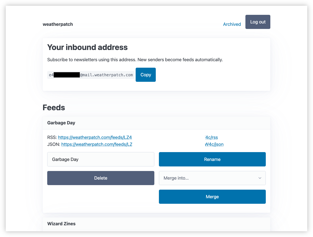 Auto-generated description: A user interface displays an inbound email address for subscribing to newsletters and options to manage feeds, including renaming, deleting, and merging them.