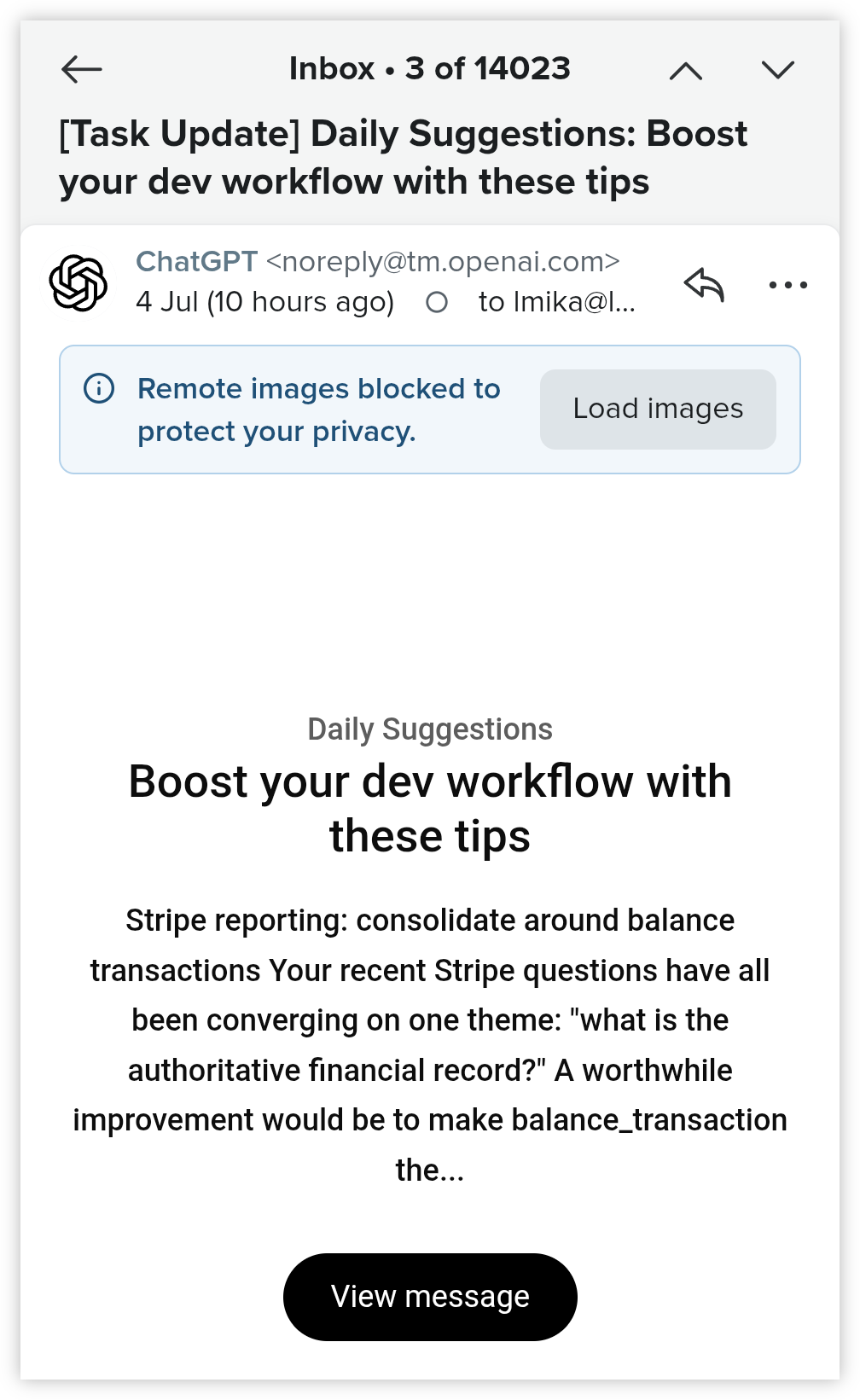 Auto-generated description: An email from ChatGPT offers daily suggestions to improve developer workflow by consolidating Stripe balance transactions to create an authoritative financial record.