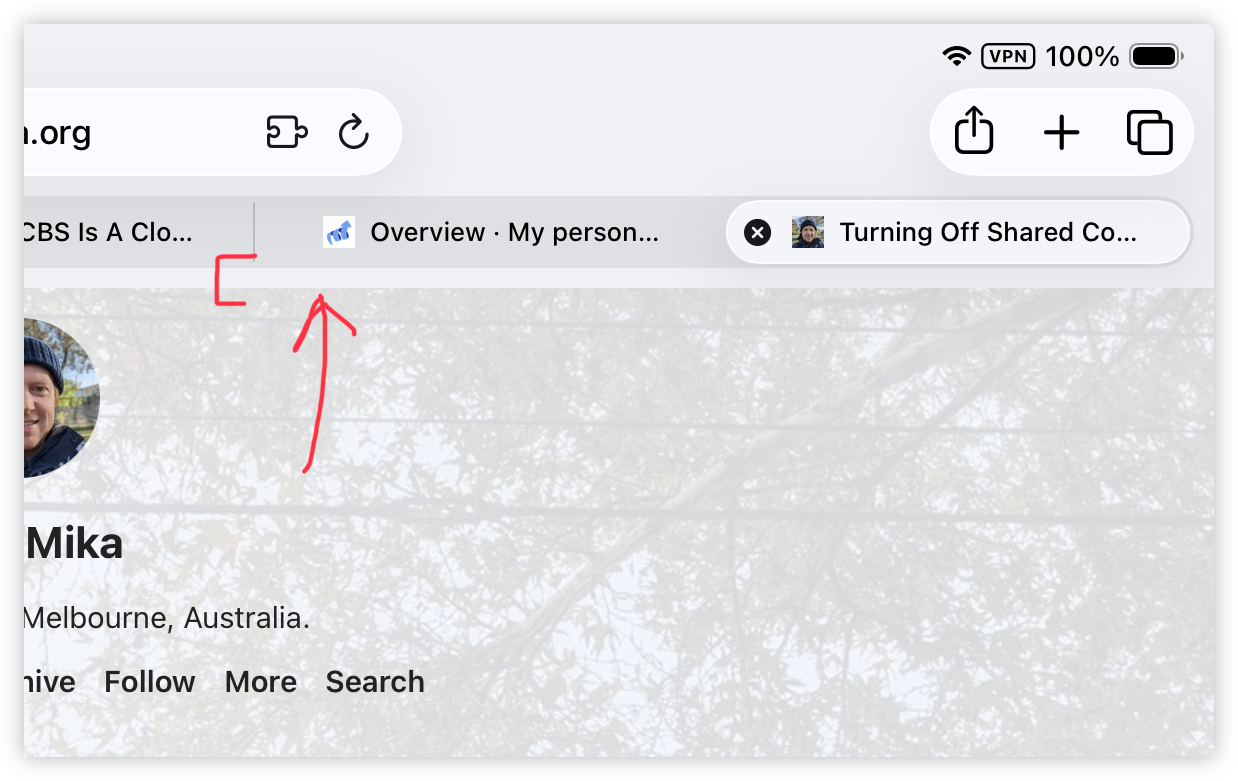 Auto-generated description: A web browser window is shown with multiple open tabs, one tab labeled Overview · My person... being indicated by a red arrow.