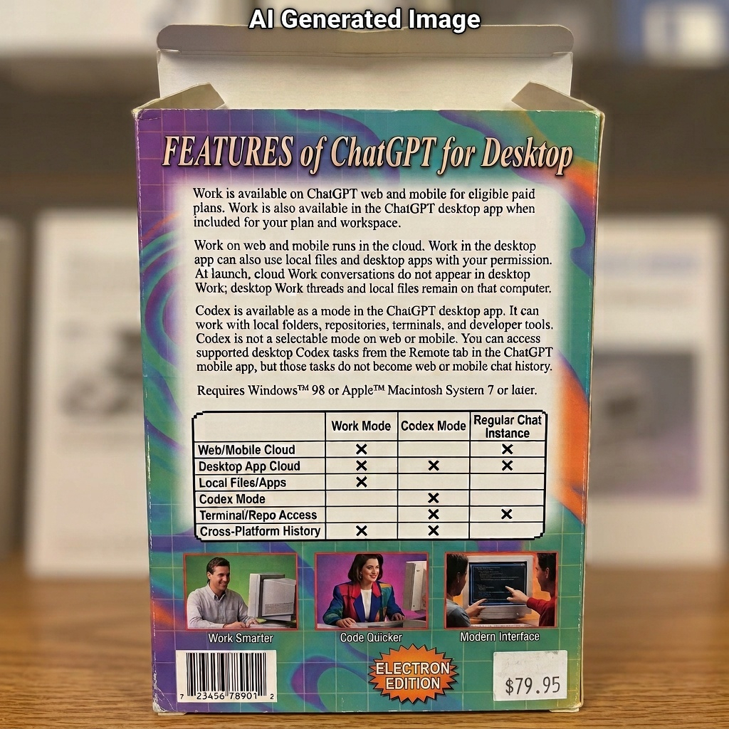 Auto-generated description: An AI generated parody image of the back of a colourful product box details features of ChatGPT for Desktop, including usage modes, compatibility, and pricing information.