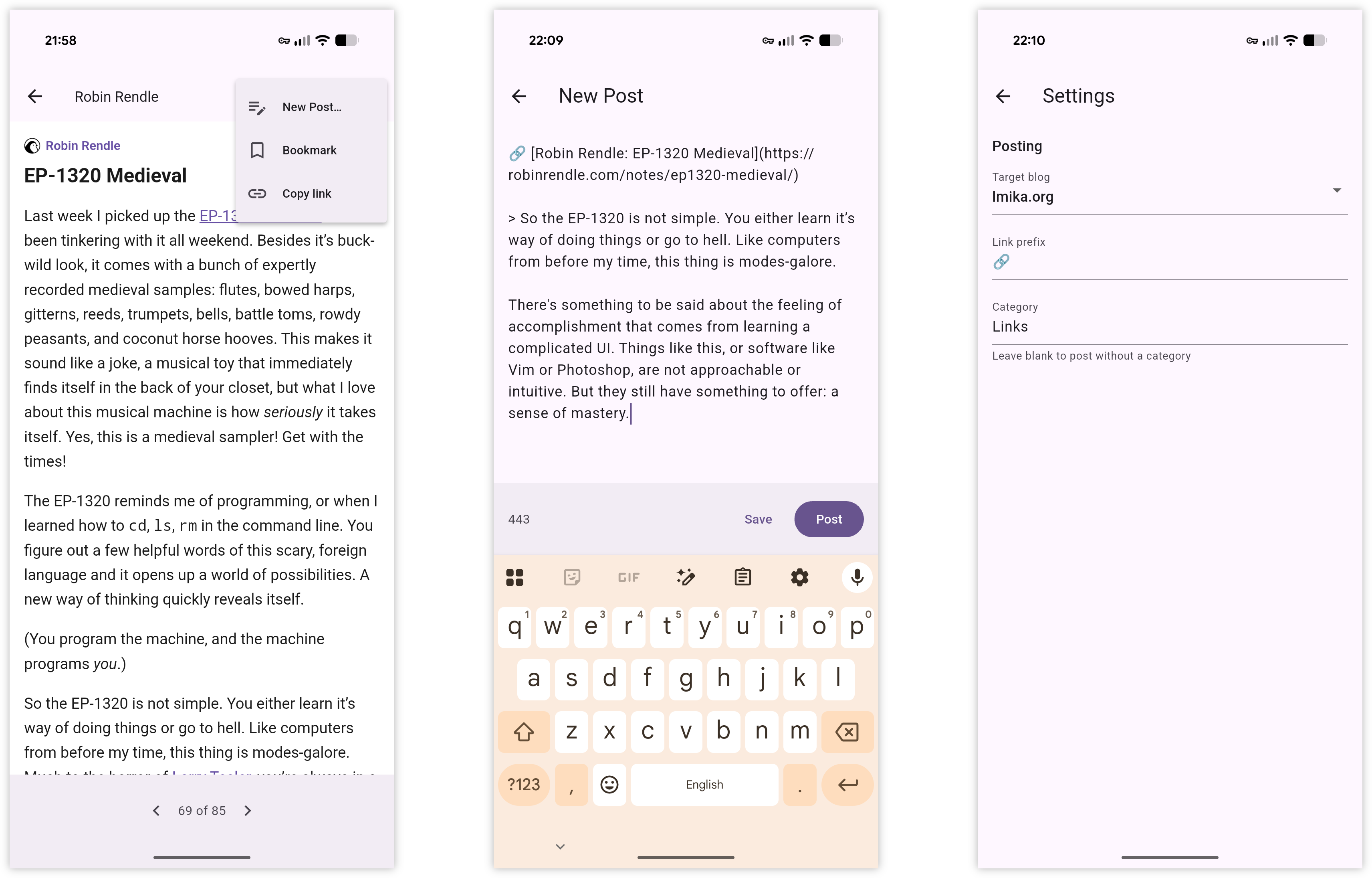 Auto-generated description: Three smartphone screens show a note-taking app with a text about the EP-1320 Medieval, a post creation interface with typed text, and the app settings for posting to a blog.