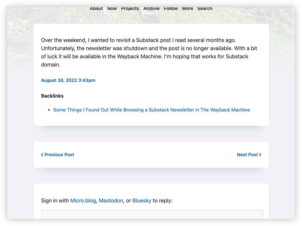 Auto-generated description: A blog post describes an attempt to revisit a Substack newsletter that has been shut down, hoping to access it via the Wayback Machine, with links to related content and options to navigate between posts.
