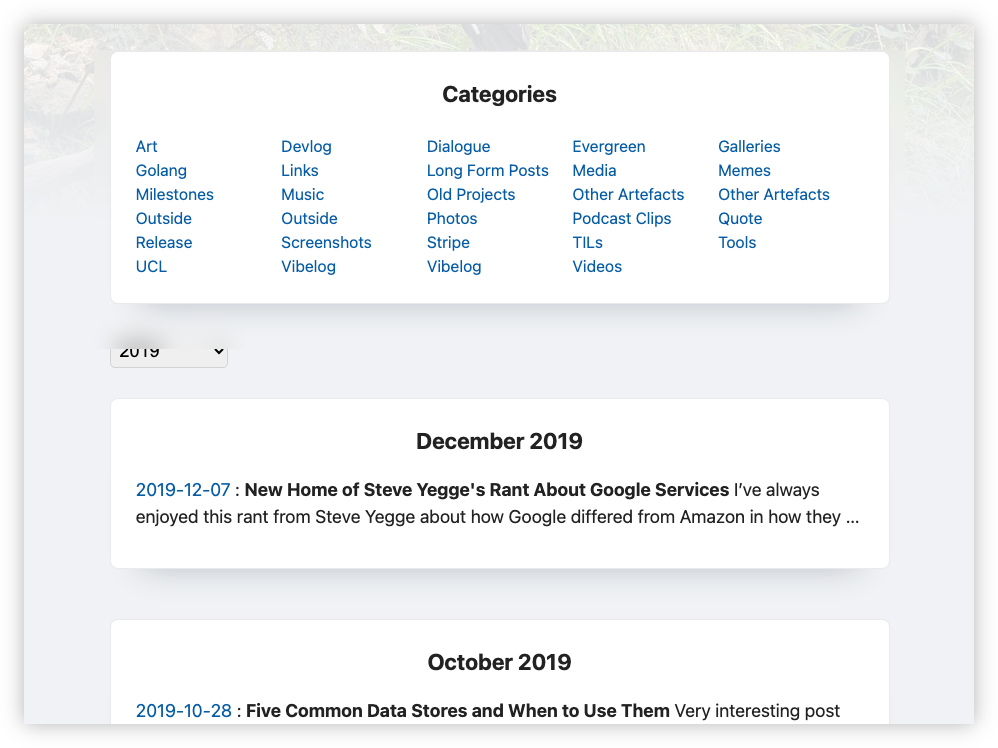 Auto-generated description: A webpage displays categorized links at the top with a blog archive listing posts from December and October 2019.