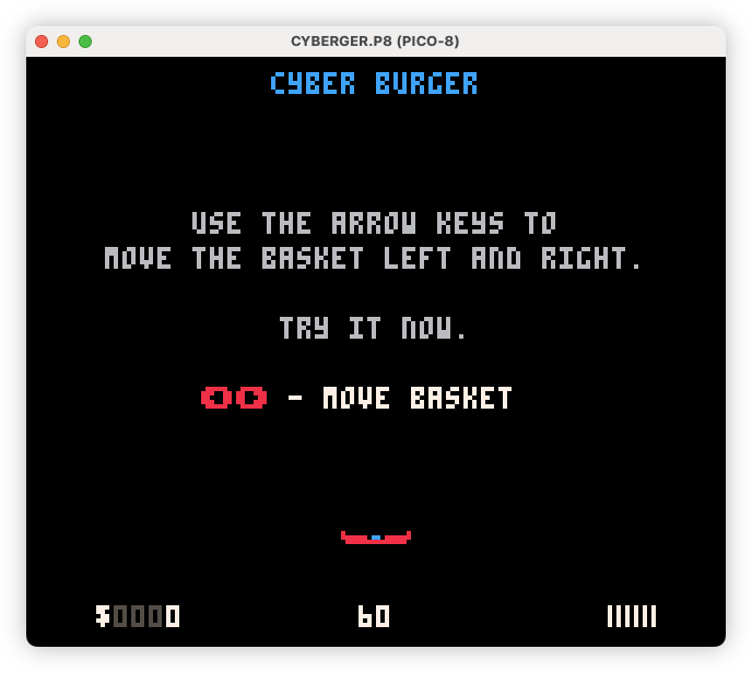 Auto-generated description: Instructions for playing the game Cyber Burger are displayed, explaining how to move the basket left and right using the arrow keys.