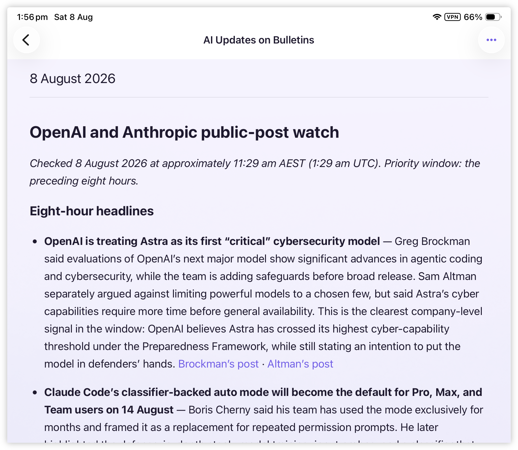 Auto-generated description: The document provides AI updates on bulletins dated 8 August 2026, highlighting OpenAI's classification of Astra as its first critical cybersecurity model and noting upcoming changes to Claude Code's default auto mode for Pro, Max, and Team users.