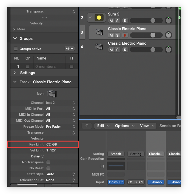 Auto-generated description: A digital audio workstation interface is shown with settings focused on a Classic Electric Piano track, highlighting a key limit range from C2 to G8.