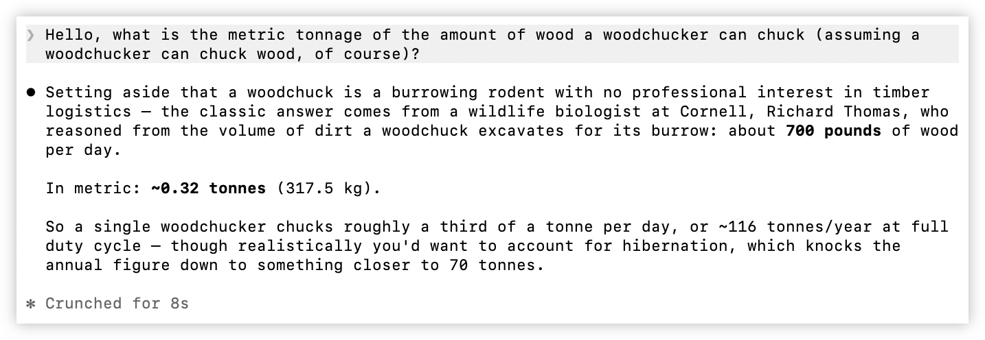 Auto-generated description: A text discussing the metric tonnage of wood a woodchucker can chuck, estimating it to be roughly 0.32 tonnes or about 70 tonnes annually considering hibernation.