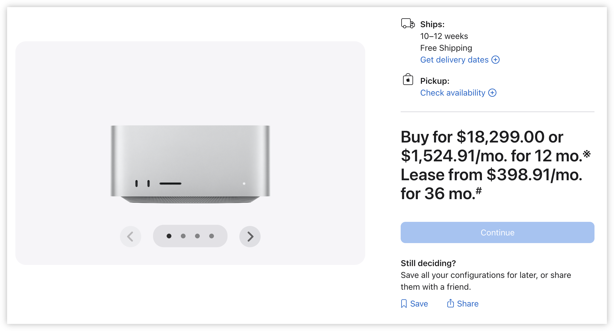 Auto-generated description: A listing on a website shows a computer priced at $18,299.00 with options to buy outright or lease with monthly payments.