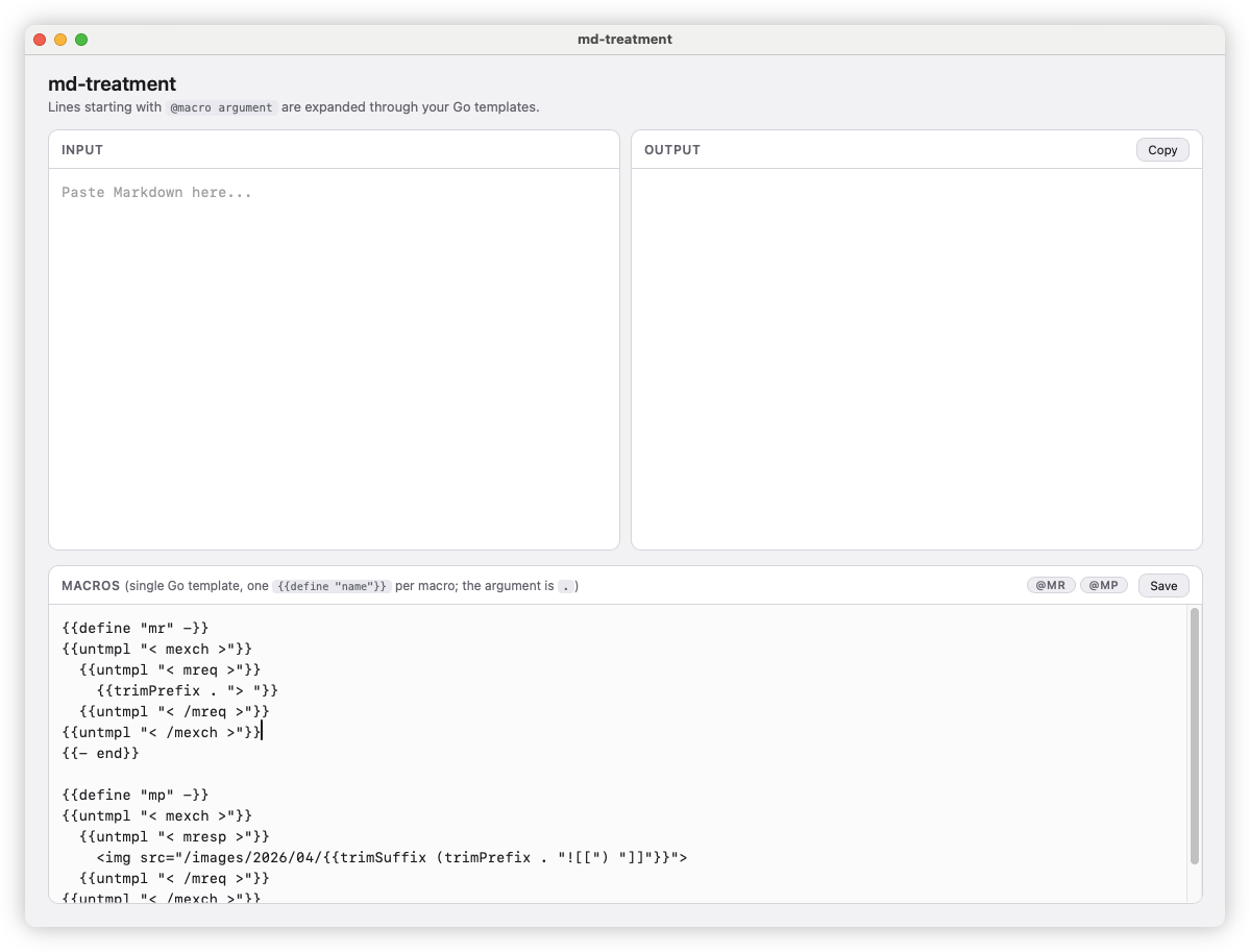 Auto-generated description: A markdown treatment tool interface is shown with separate sections for inputting markdown text, displaying output, and editing macros using Go templates.