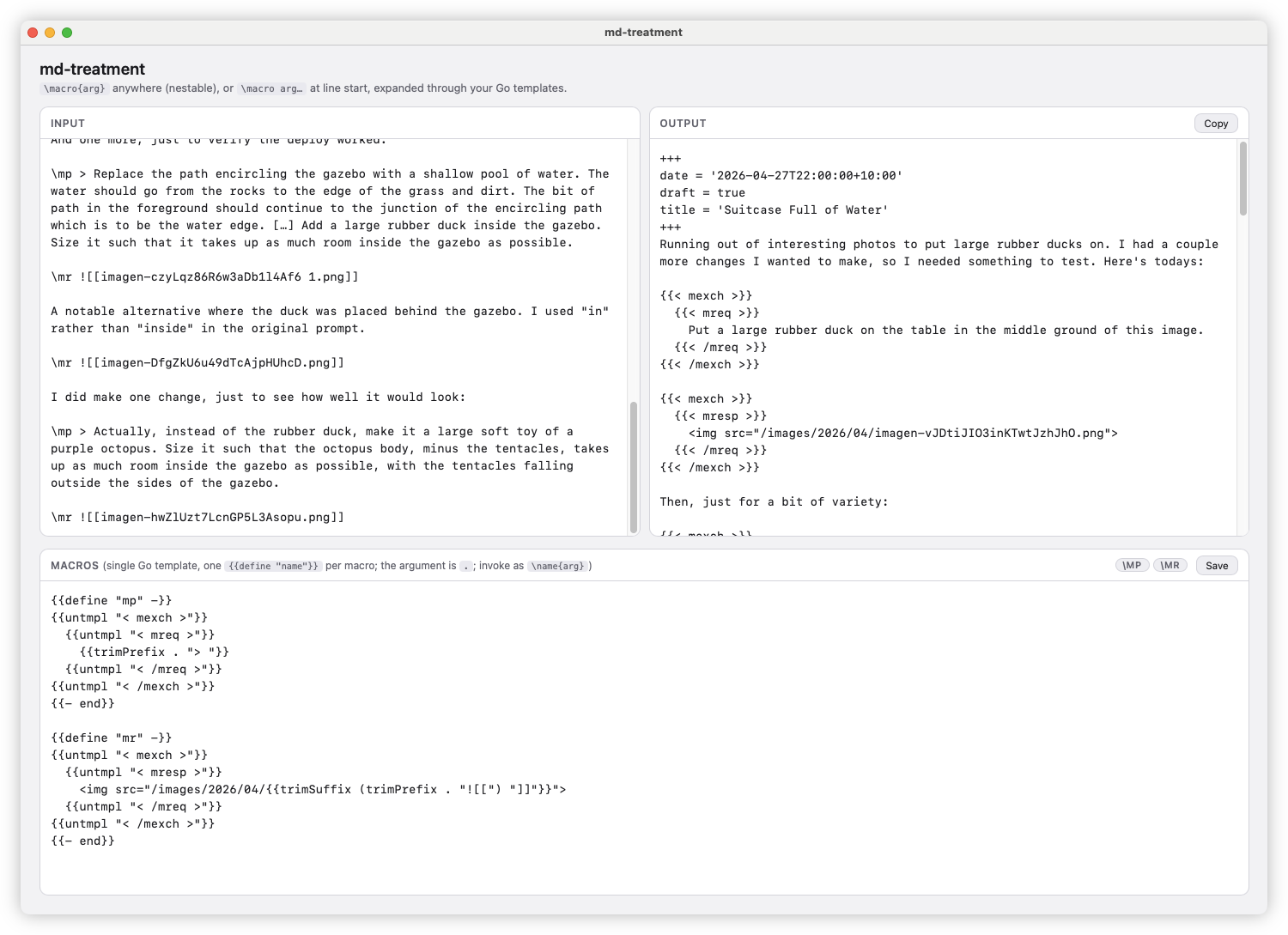 Auto-generated description: A Markdown file editor is shown with code for an md-treatment template that describes replacing the path encircling a gazebo with water and includes instructions and example outputs featuring large rubber ducks on a table.