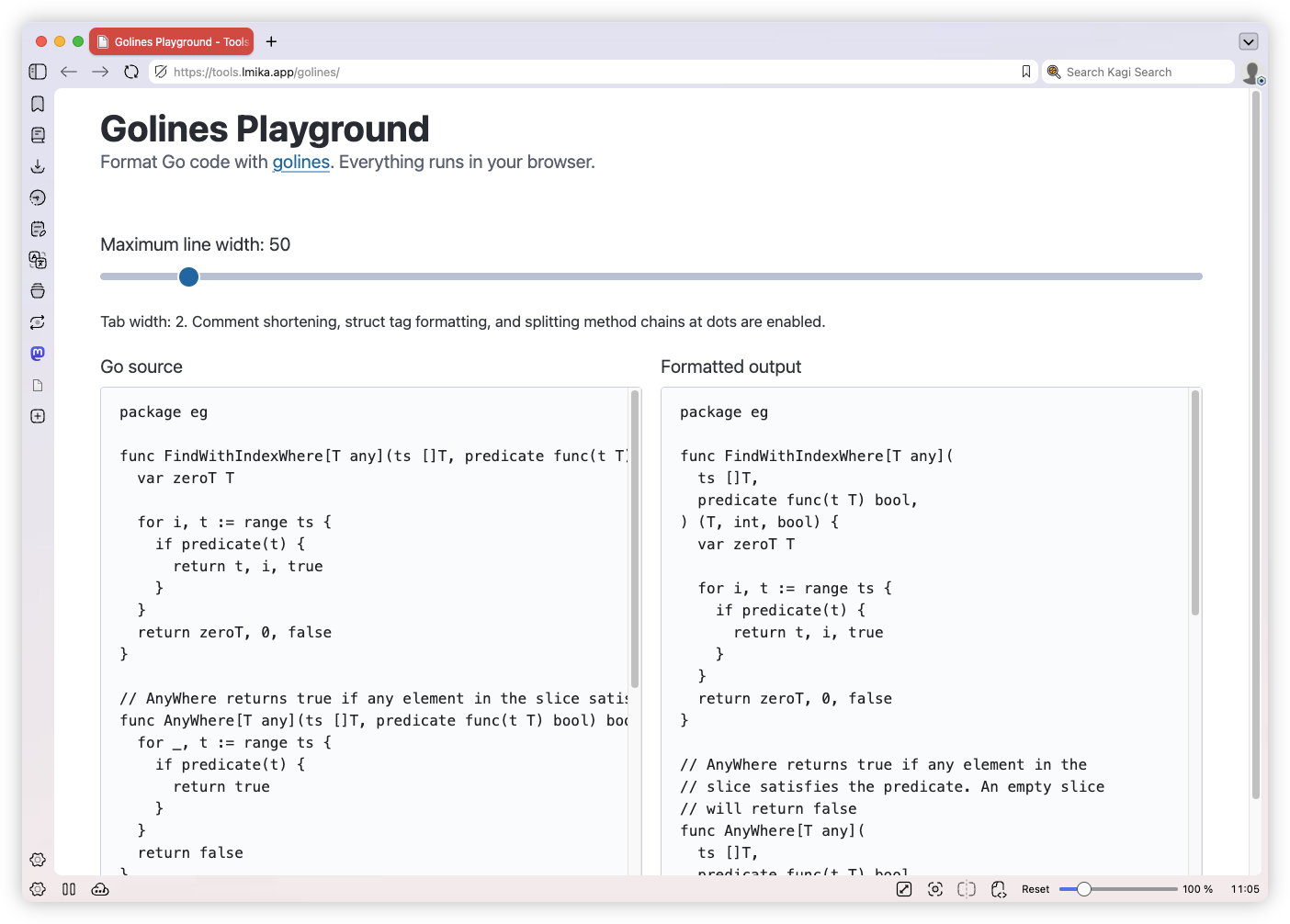 Auto-generated description: A web-based Golines Playground interface displays side-by-side panels with Go programming language code on the left and its formatted output on the right.