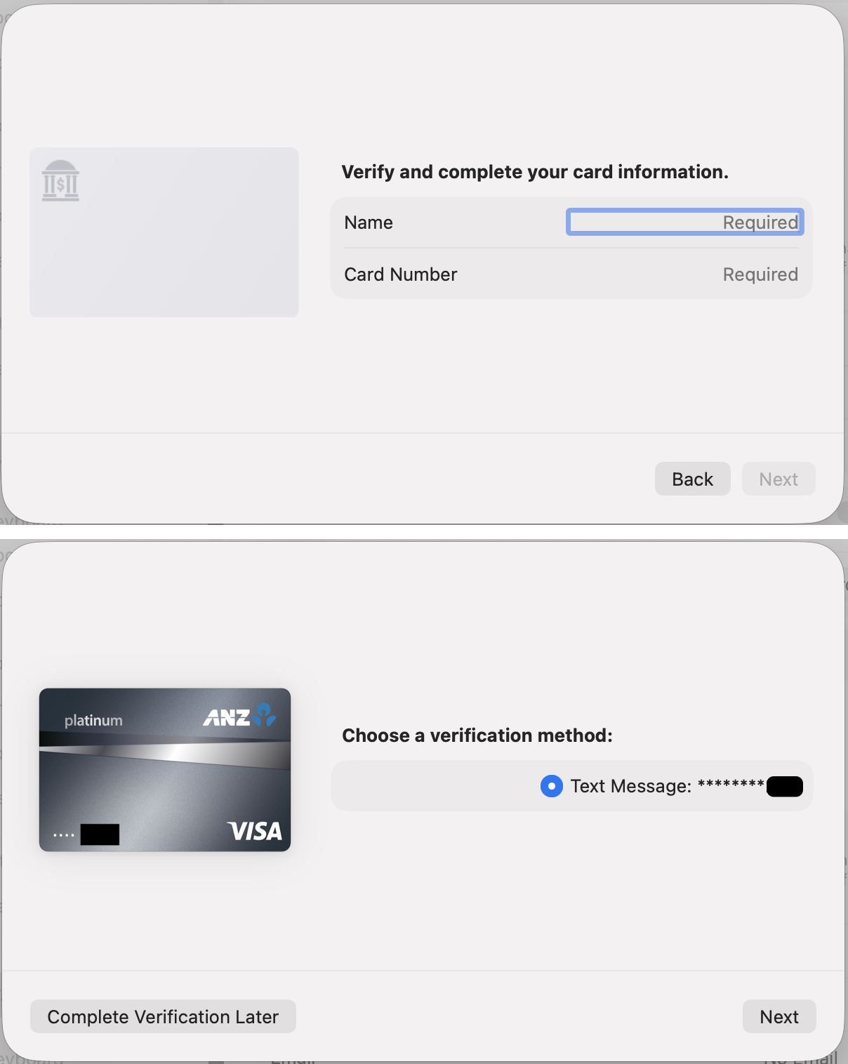 Auto-generated description: A two-step verification process is shown where users are asked to enter card details and then choose a verification method via text message for an ANZ Visa Platinum card.
