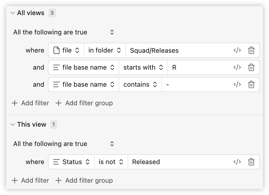 Auto-generated description: A set of filter conditions is displayed, showing criteria for files in a folder named Squad/Releases with base names starting with R and containing a hyphen, and a separate filter where the status is not Released.