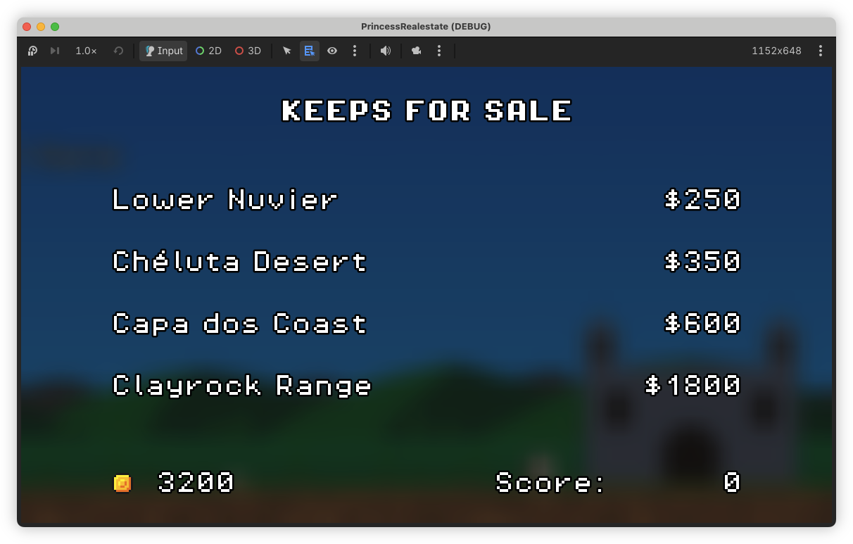 Auto-generated description: A game screen displays a list of keeps for sale with their prices in gold coins and a total of 3200 coins and a score of zero.