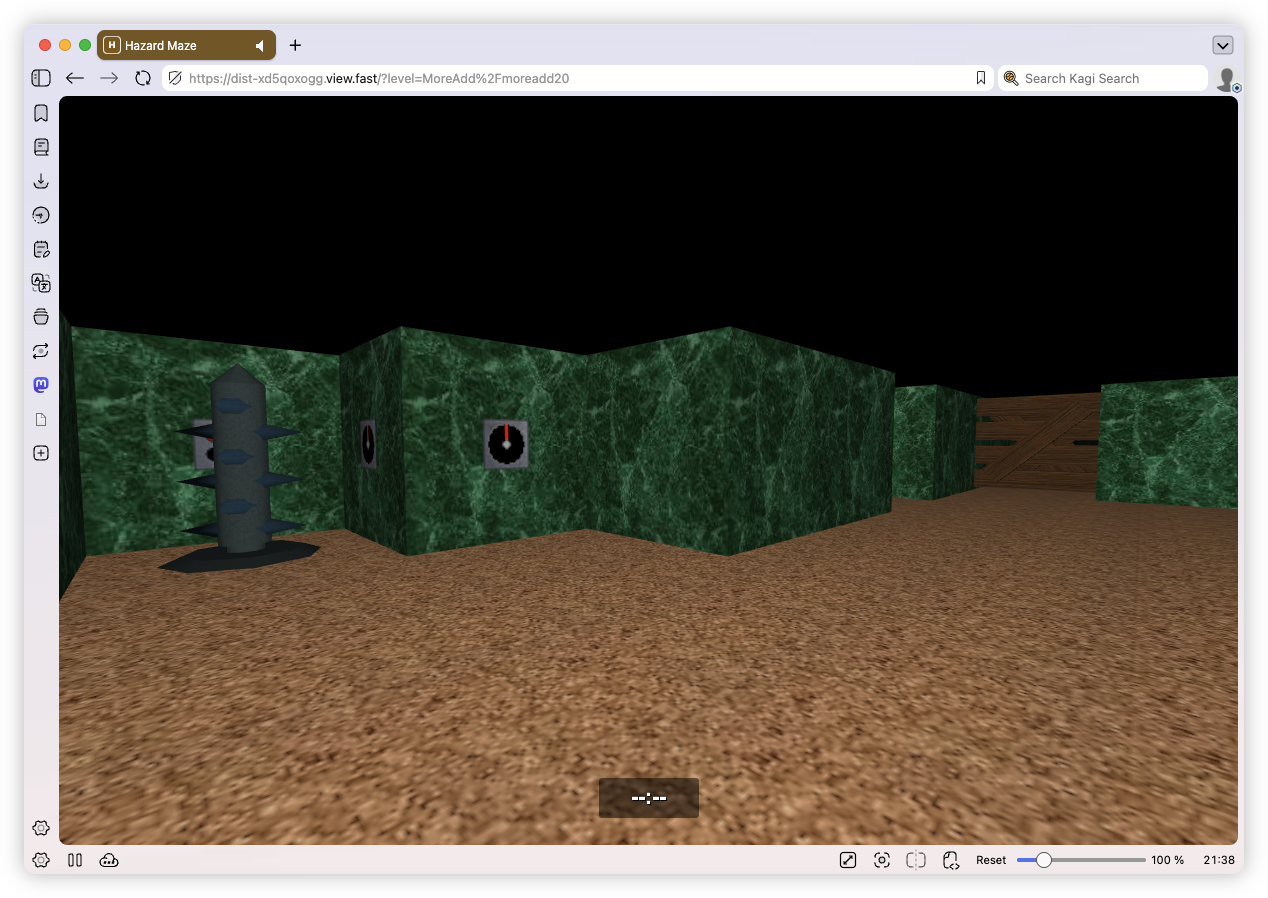 Auto-generated description: A virtual maze environment is shown with green textured walls, a spiked rotating obstacle, and timer displays.