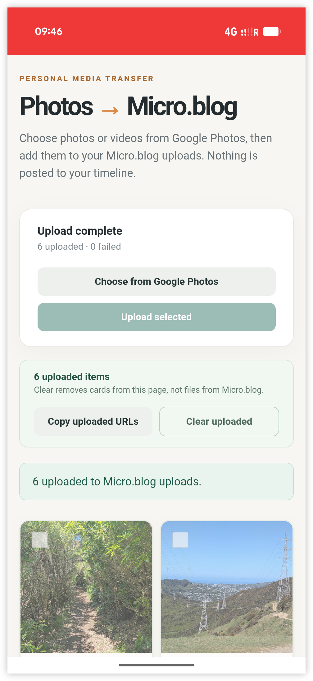 Auto-generated description: A mobile interface shows the completion of uploading six photos from Google Photos to Micro.blog without posting to the timeline.