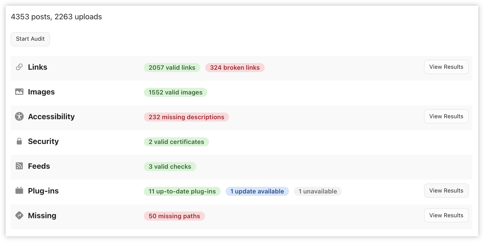 Auto-generated description: A website audit dashboard displays statistics on links, images, accessibility, security, feeds, plug-ins, and missing paths with indicators of valid and problematic items.