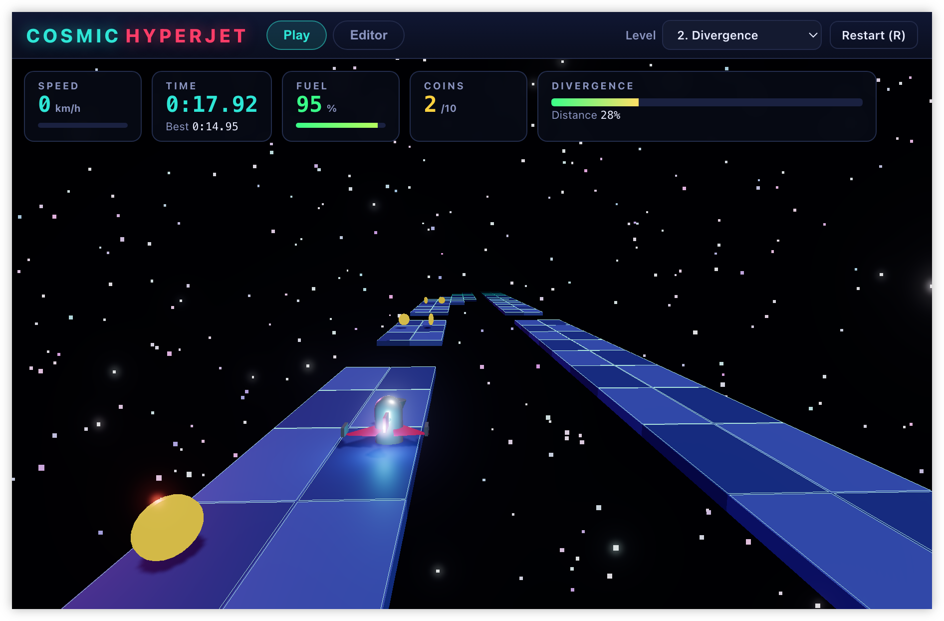 Auto-generated description: A futuristic space-themed racing game called Cosmic Hyperjet shows a spacecraft navigating a narrow, elevated track with collectible coins floating above it, set against a starry background.