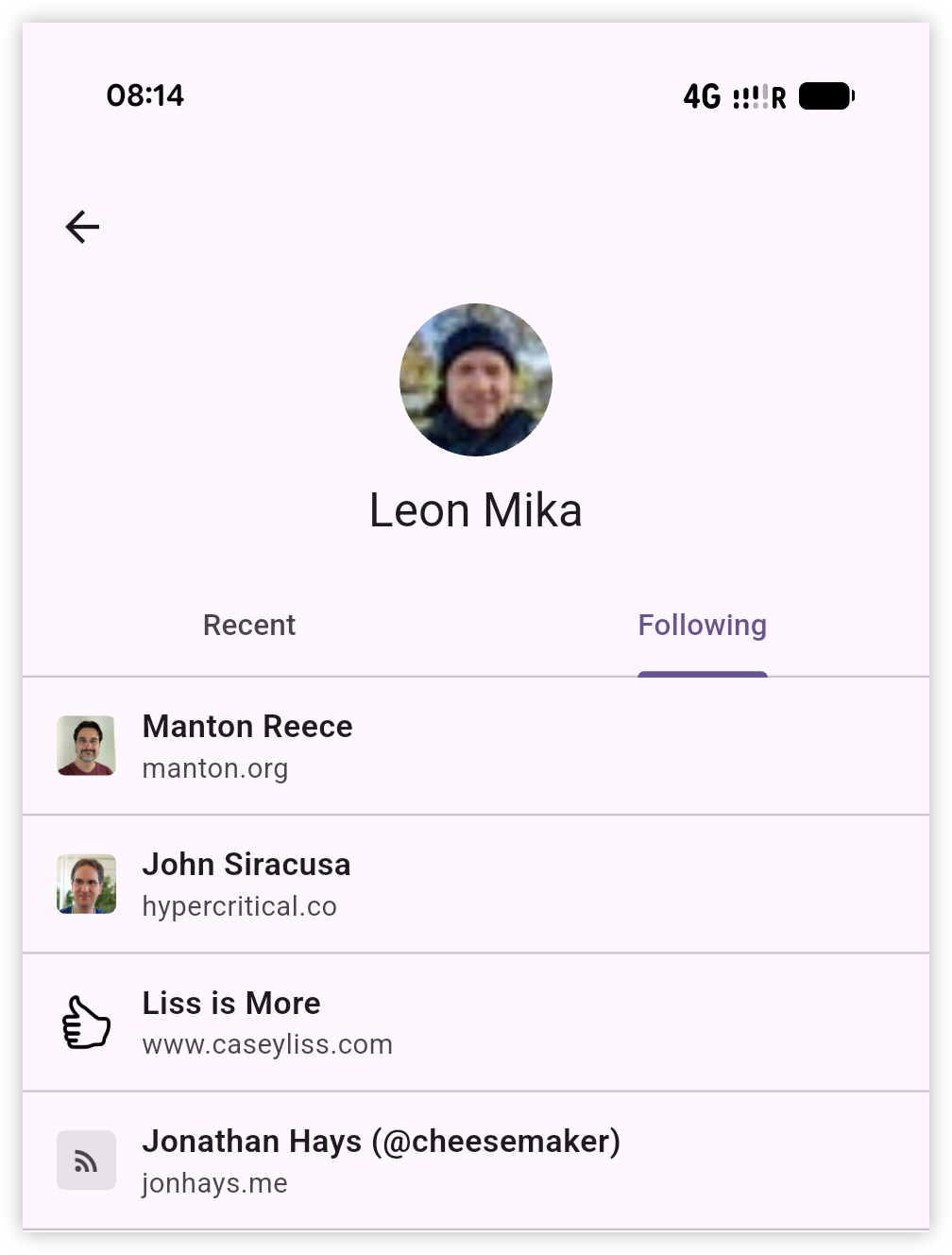 Auto-generated description: Leon Mika's profile following tab displays four followed accounts: Manton Reece, John Siracusa, Liss is More, and Jonathan Hays with their websites or handles.