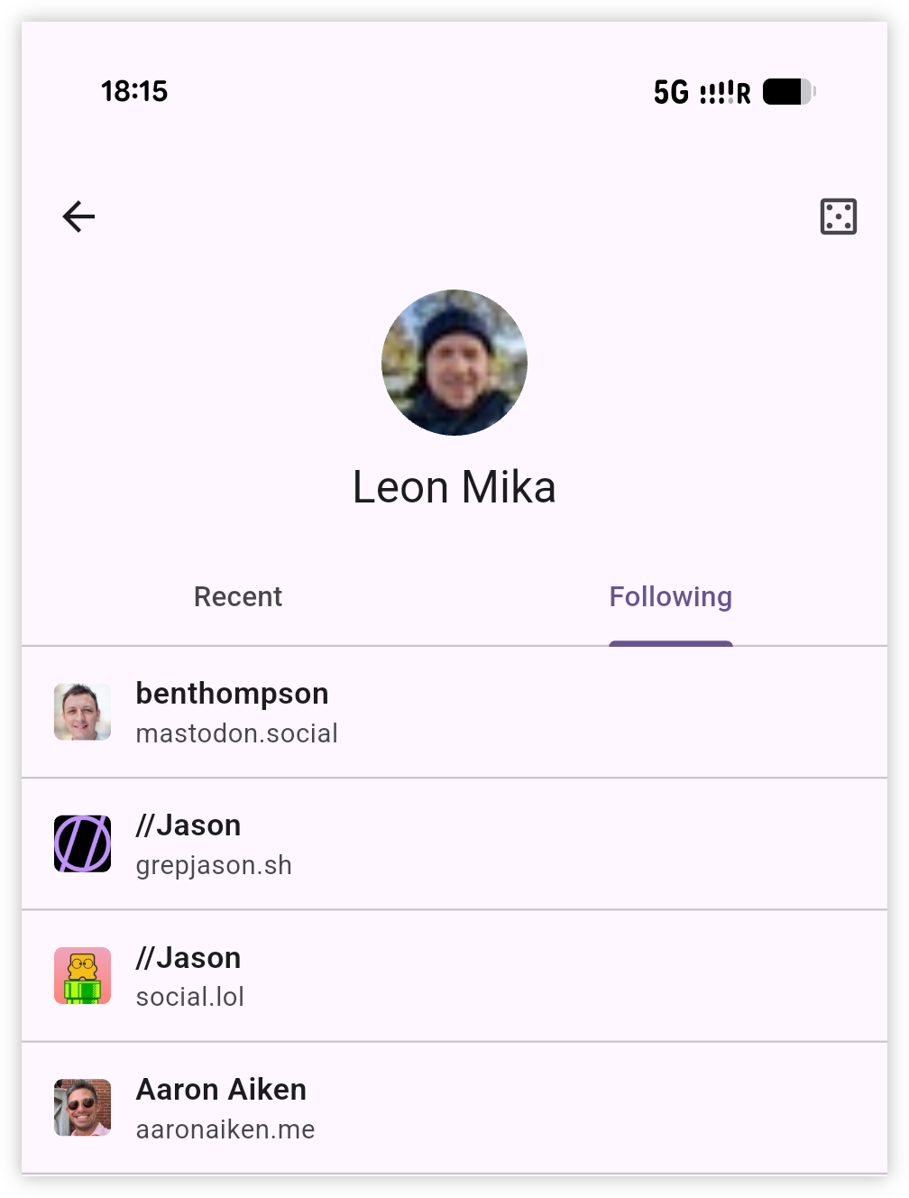 Auto-generated description: Leon Mika's profile is displayed, showing a list of account's they are following on a social platform, with usernames and associated websites.