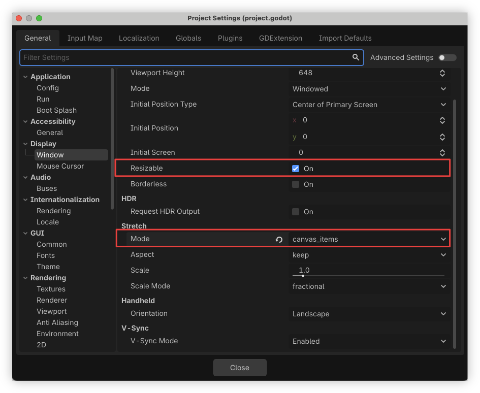 The project settings window of Godot Engine shows display and window options, including the resizable checkbox enabled and the stretch mode set to canvas_items.