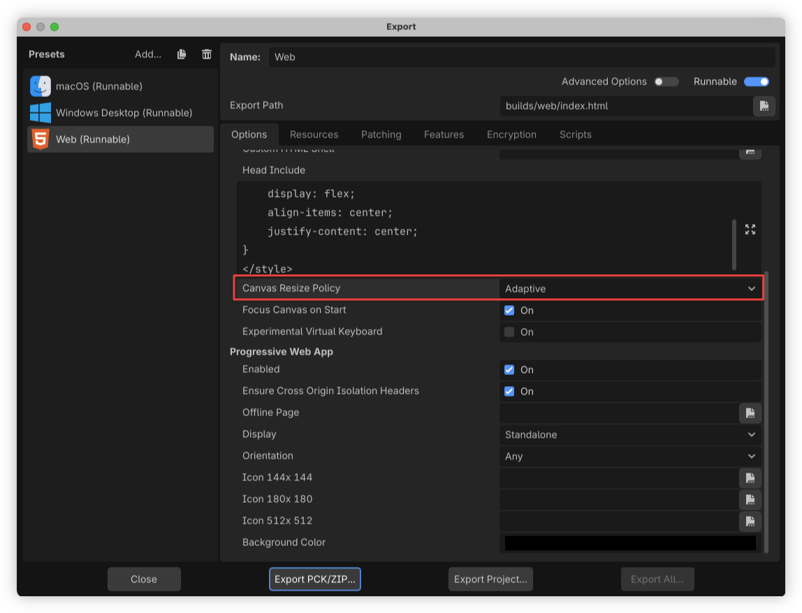 A software export settings window shows options for web deployment with a focus on canvas resize policy set to Adaptive and various Progressive Web App features toggled on.